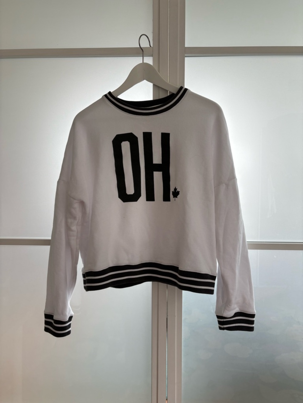 White 'OH' 'CANADA' Graphic Pullover Sweatshirt with Dark Grey Trim